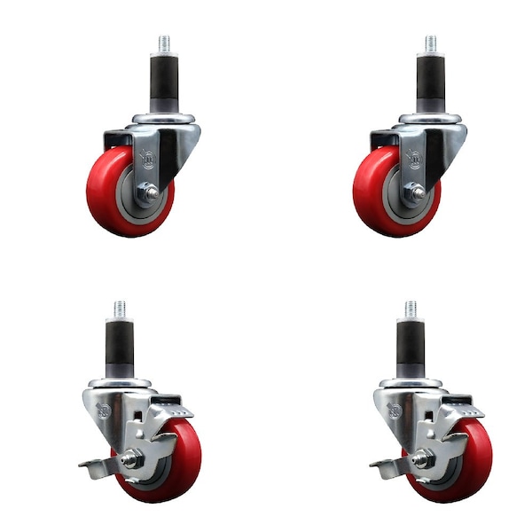 Service Caster 3'' Red Poly Wheel Swivel 1-1/4'' Expanding Stem Caster Set 2 Brakes, 4PK SCC-EX20S314-PPUB-RED-2-TLB-2-114 - main